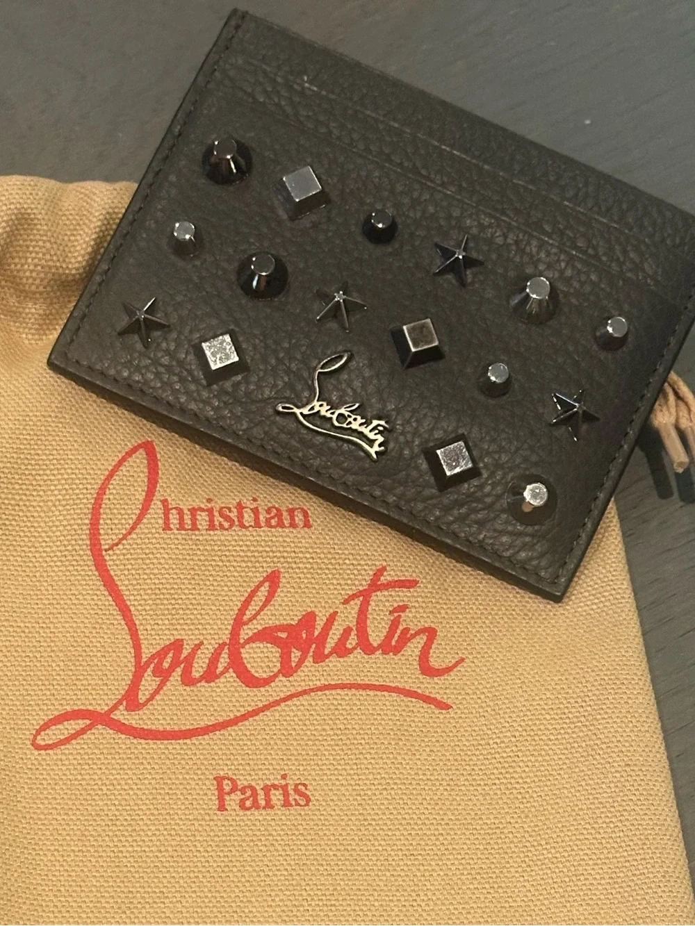 NWT Christian Louboutin Black Studded Leather Card Holder w/ Box & Dust Bag